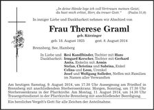 Traueranzeige Therese Graml