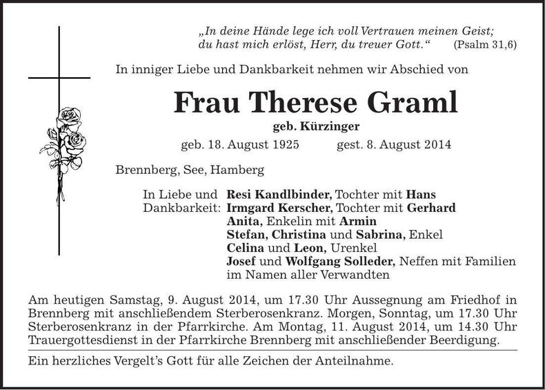 Traueranzeige Therese Graml