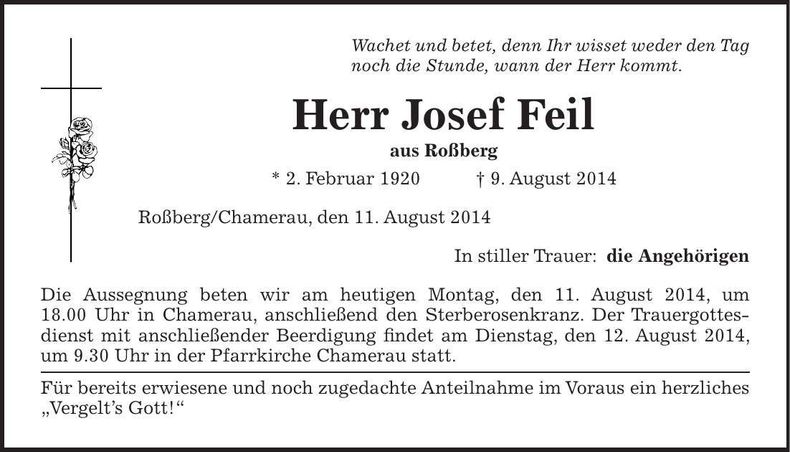 Traueranzeige Josef Feil