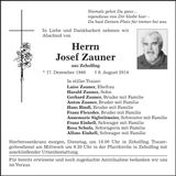 Traueranzeige Josef Zauner