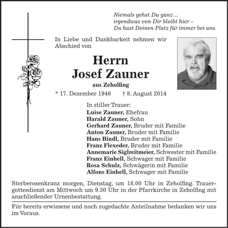 Traueranzeige Josef Zauner