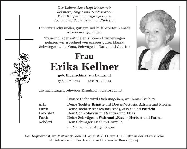 Traueranzeige Erika Kellner