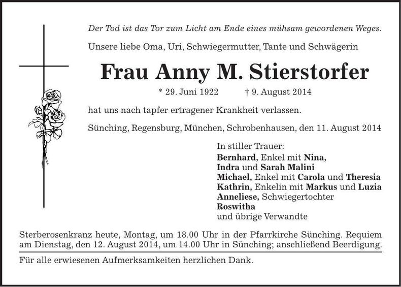 Traueranzeige Anny M. Stierstorfer