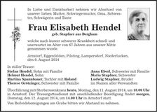 Traueranzeige Elisabeth Hendel