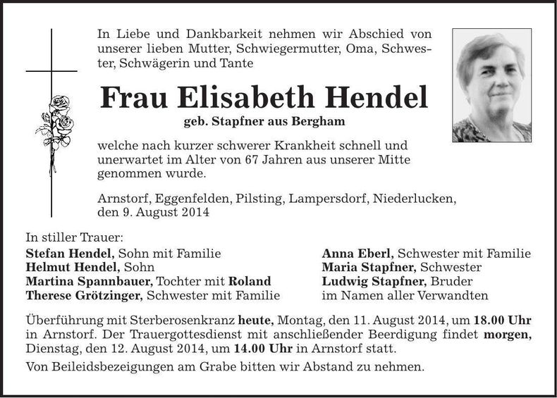 Traueranzeige Elisabeth Hendel