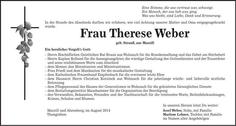 Traueranzeige Therese Weber
