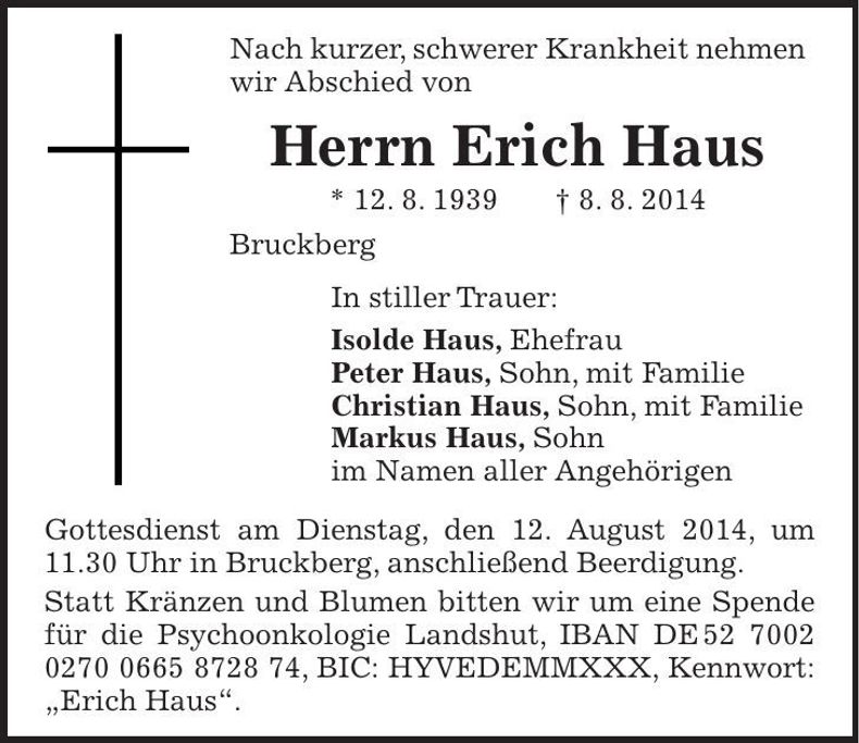Traueranzeige Erich Haus