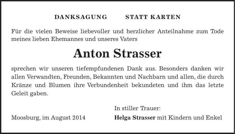 Traueranzeige Anton Strasser
