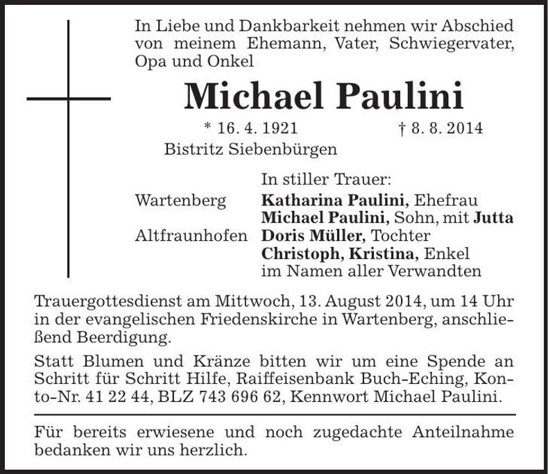 Traueranzeige Michael Paulini