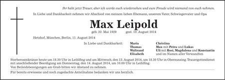 Traueranzeige Max Leipold
