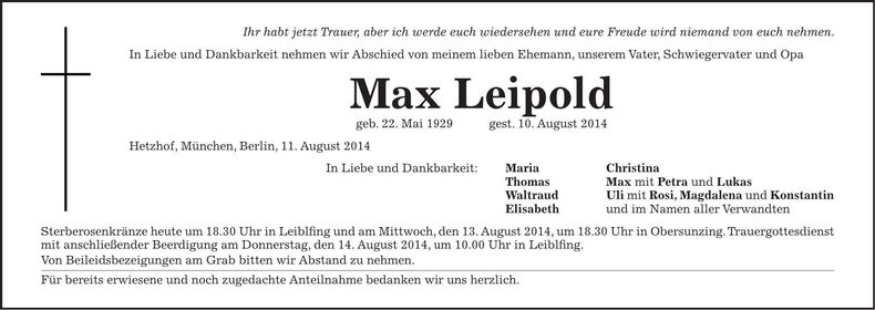 Traueranzeige Max Leipold