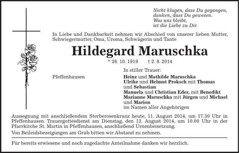 Traueranzeige Hildegard Maruschka