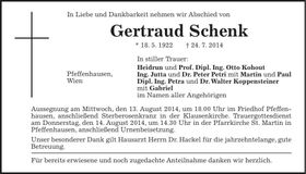 Traueranzeige Gertraud Schenk