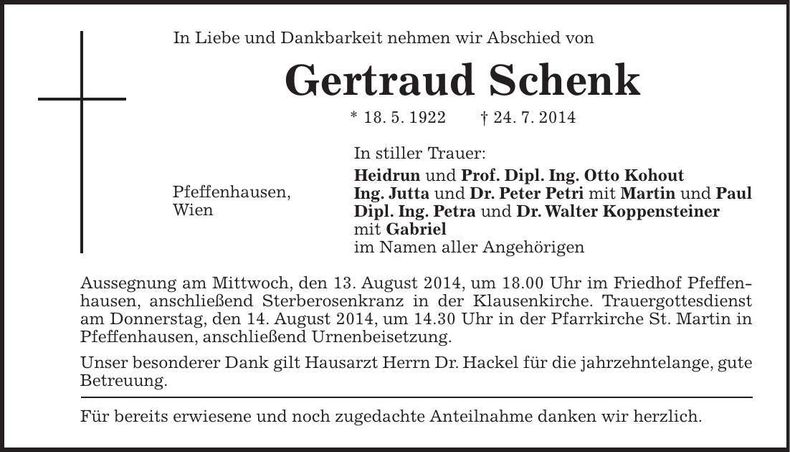 Traueranzeige Gertraud Schenk