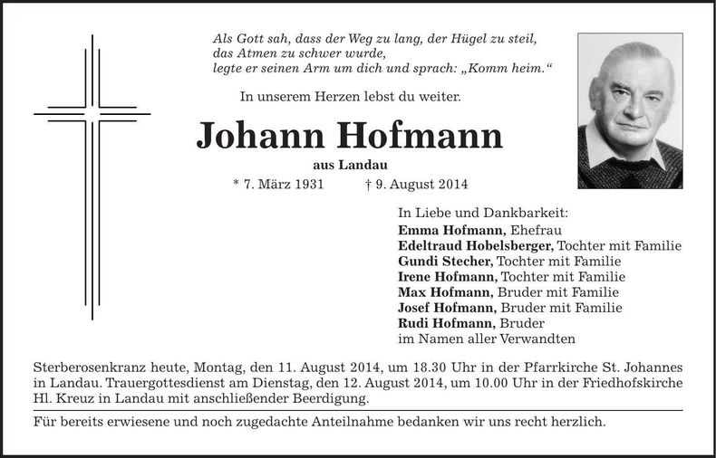 Traueranzeige Johann Hofmann