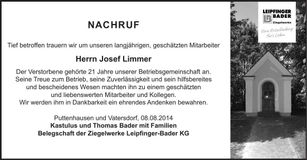 Traueranzeige Josef Limmer