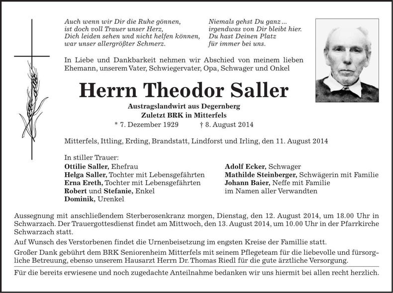 Traueranzeige Theodor Saller