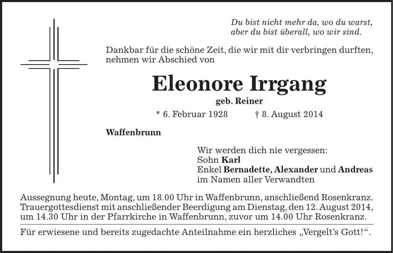 Traueranzeige Eleonore Irrgang