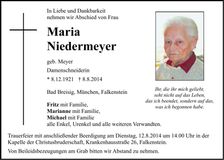 Traueranzeige Maria Niedermeyer