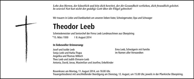 Traueranzeige Theodor Leeb
