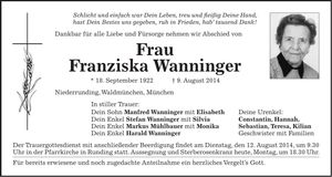 Traueranzeige Franziska Wanninger