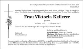 Traueranzeige Viktoria Kellerer