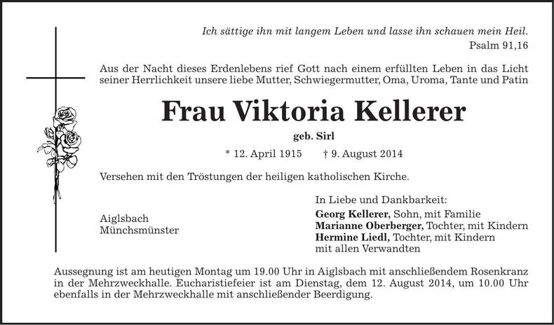 Traueranzeige Viktoria Kellerer