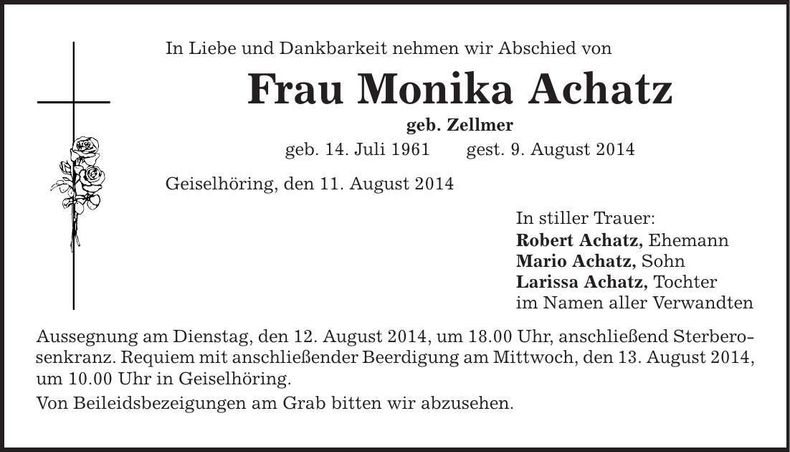 Traueranzeige Monika Achatz