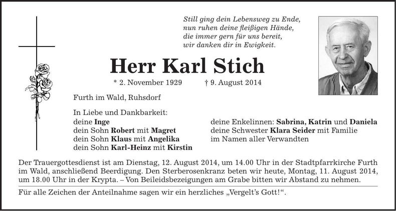 Traueranzeige Karl Stich