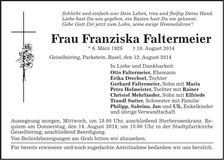 Traueranzeige Franziska Faltermeier