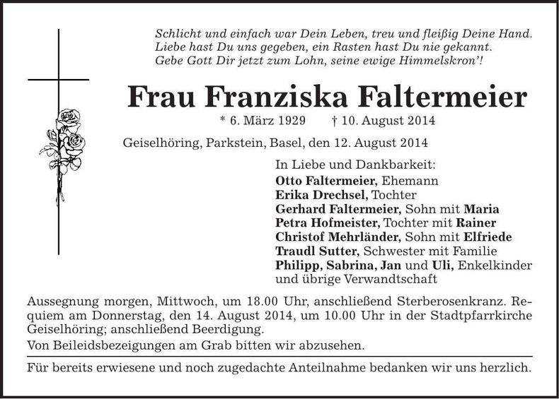 Traueranzeige Franziska Faltermeier