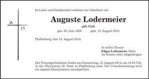 Traueranzeige Auguste Lodermeier