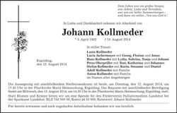 Traueranzeige Johann Kollmeder