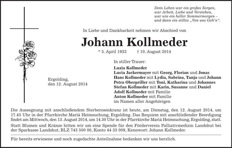 Traueranzeige Johann Kollmeder