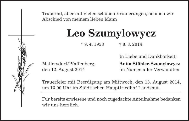 Traueranzeige Leo Szumylowycz