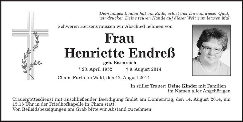 Traueranzeige Henriette Endreß