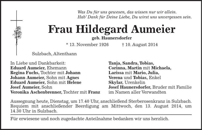 Traueranzeige Hildegard Aumeier