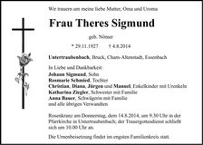 Traueranzeige Teres Sigmund