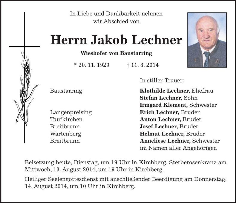 Traueranzeige Jakob Lechner