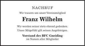 Traueranzeige Franz Wilhelm
