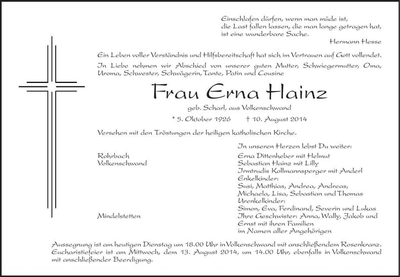 Traueranzeige Erna Hainz