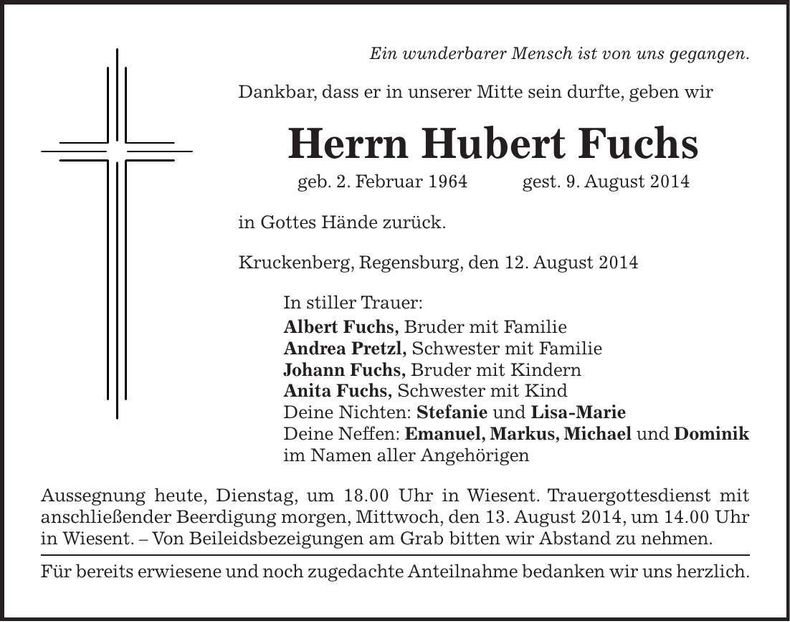 Traueranzeige Hubert Fuchs