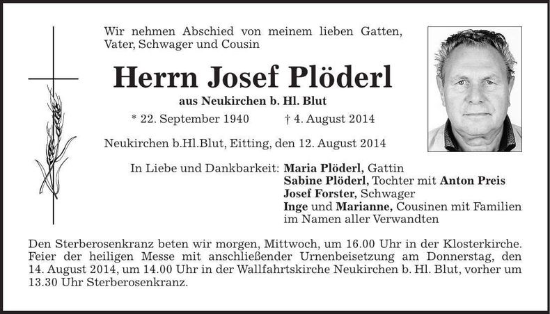 Traueranzeige Josef Plöderl