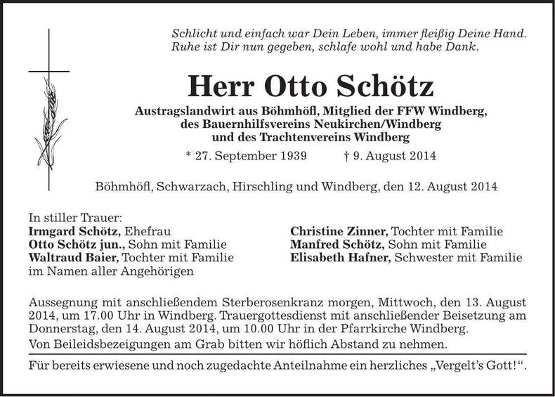 Traueranzeige Otto Schötz