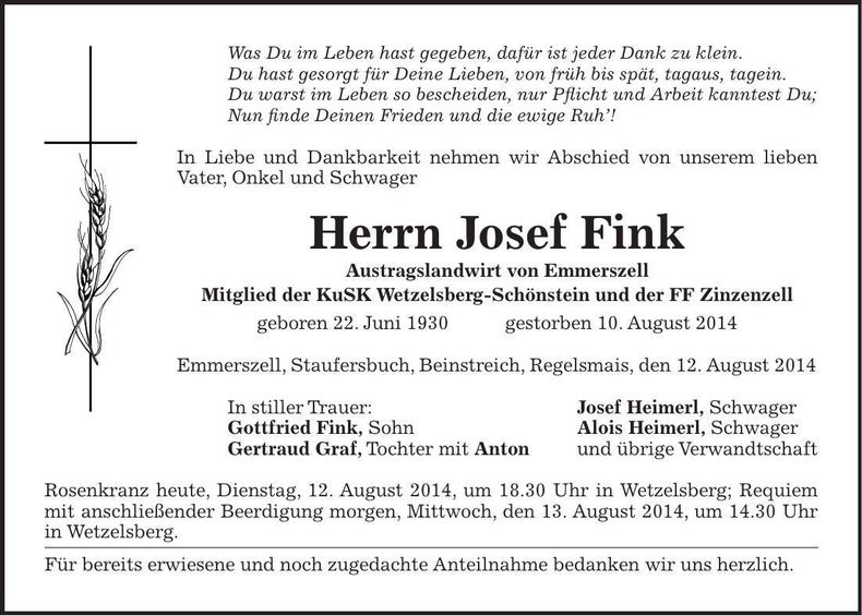 Traueranzeige Josef Fink