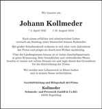 Traueranzeige Johann Kollmeder