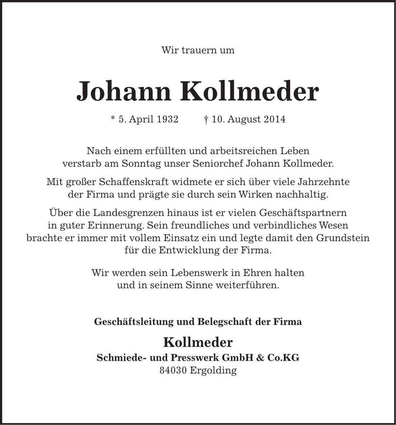 Traueranzeige Johann Kollmeder