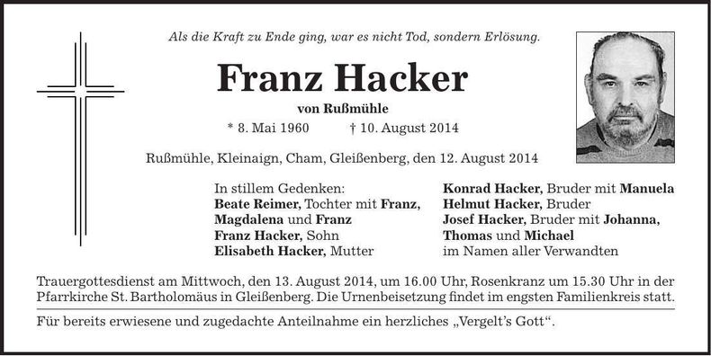 Traueranzeige Franz Hacker