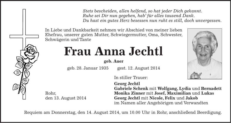 Traueranzeige Anna Jechtl