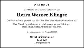Traueranzeige Werner Klinger